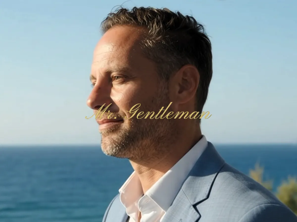 Mr. Gentleman in a light blue blazer, gazing over the sea in Panormo, Crete