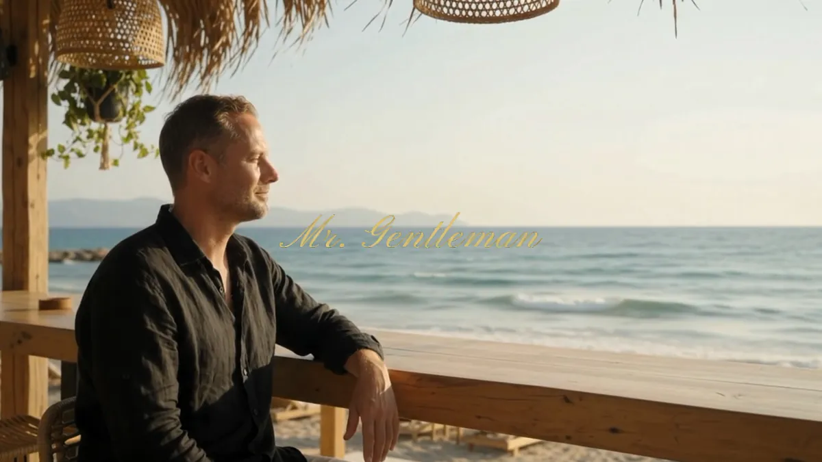 Mr. Gentleman seated at a beach bar looking out over the sea in Rethymno, Crete