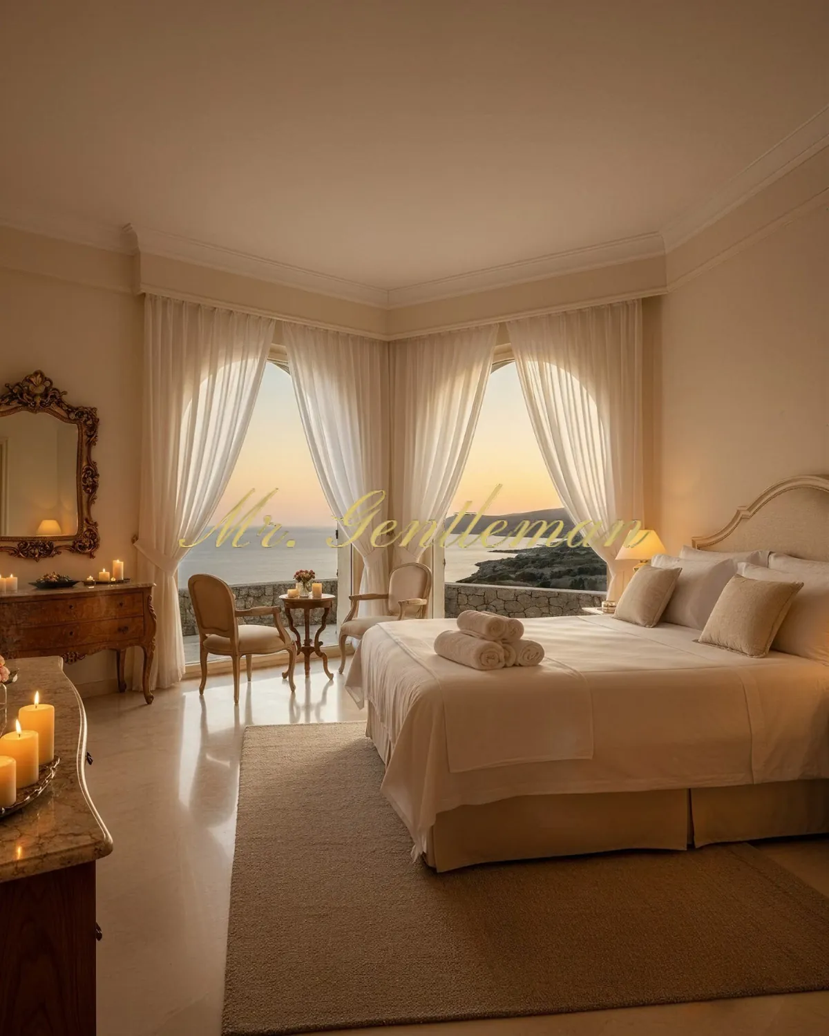 Candle-lit luxury hotel suite with sea view, ready for a private meeting in Istron, Crete