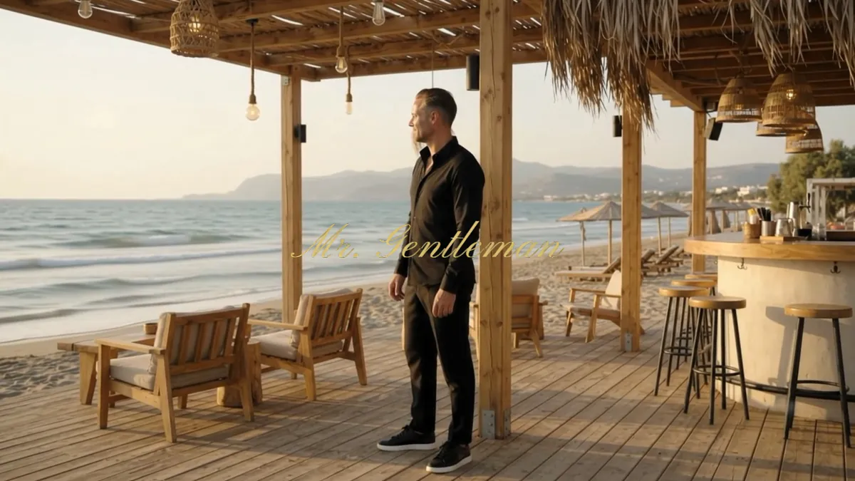 Mr. Gentleman standing on a wooden beach deck at golden hour in Lasithi, Crete