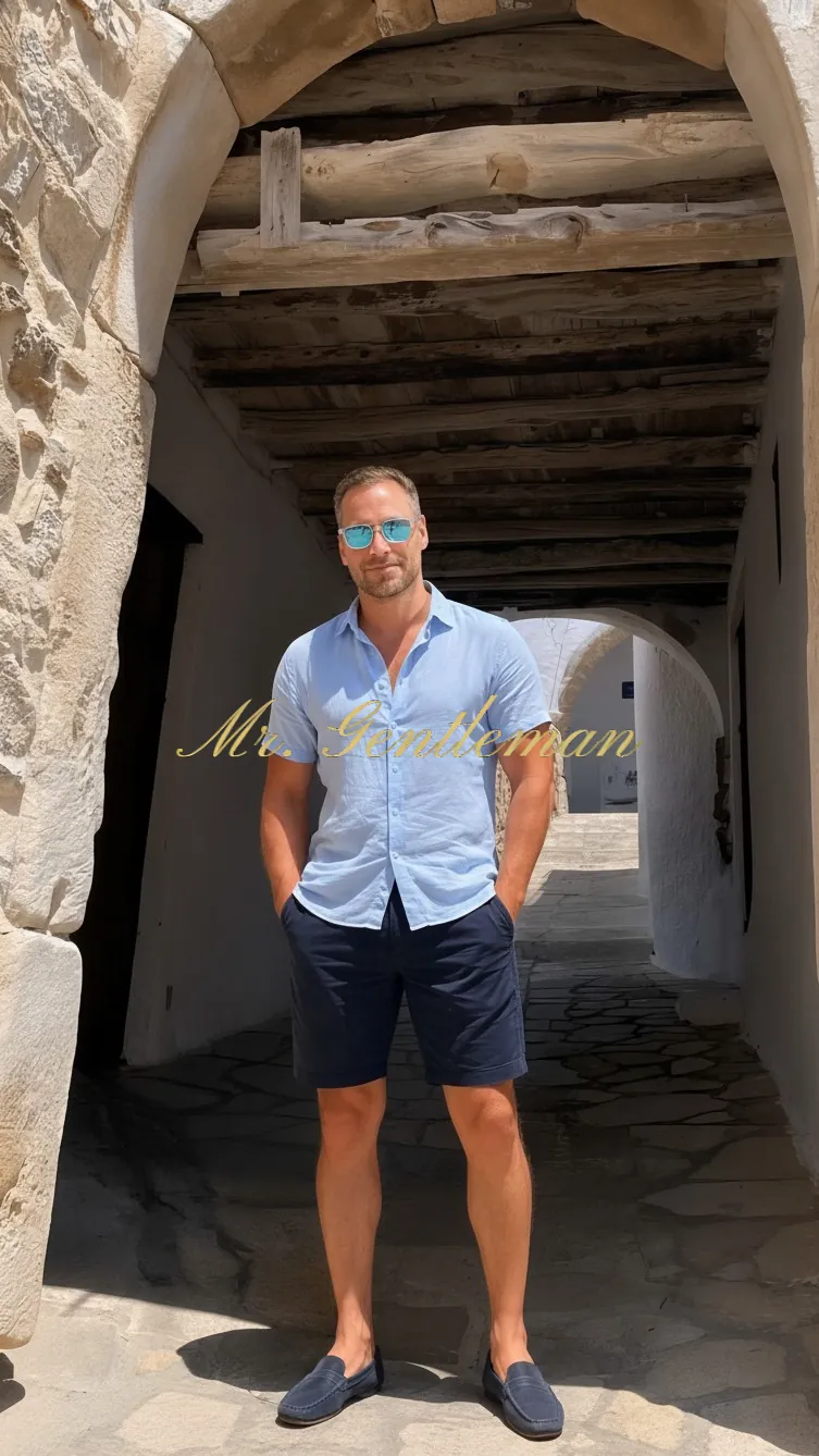 Mr. Gentleman in a light blue shirt in a whitewashed village passage in Plaka, Crete