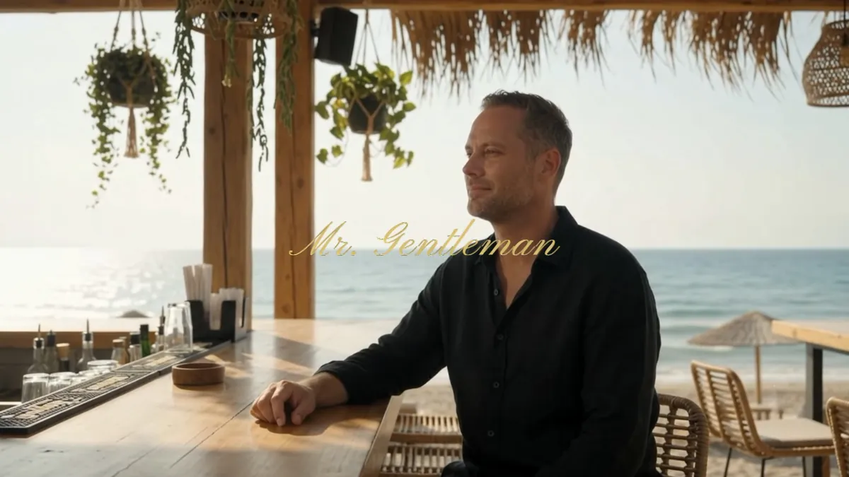 Mr. Gentleman seated at the bar of a beach taverna by the sea in Lasithi, Crete