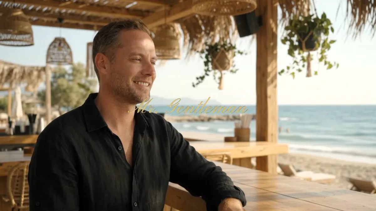 Mr. Gentleman in a black shirt seated at a beach bar by the sea in Agios Nikolaos, Crete