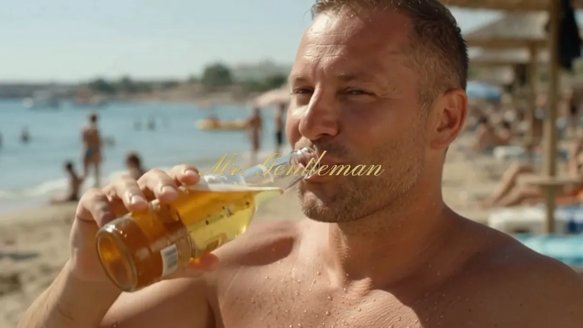 Shirtless Mr. Gentleman enjoying a cold beer on a busy beach in Bali, Crete