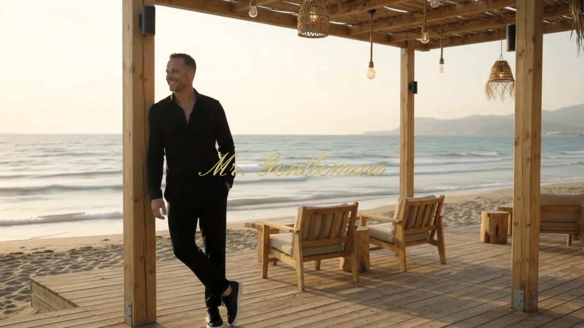 Mr. Gentleman in black at a quiet beachfront lounge in Gouves, Crete