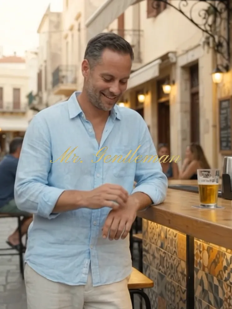 Mr. Gentleman in a light blue shirt with a beer at an old town bar in Crete
