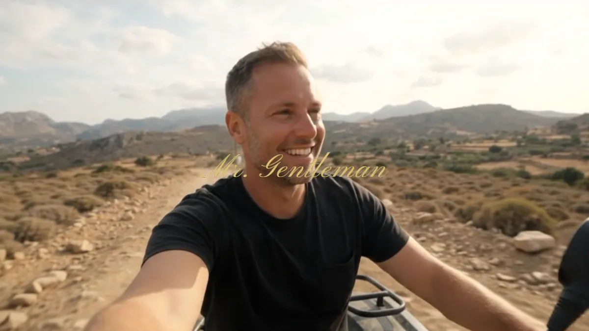 Smiling selfie of Mr. Gentleman on a quad bike in the Cretan hills in Plaka, Crete