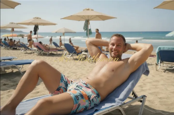Mr. Gentleman relaxing on a sunbed on a lively beach in Lasithi, Crete