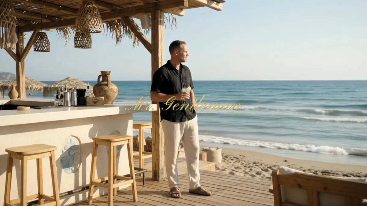 Mr. Gentleman with a drink at a beach bar by the sea in Ierapetra, Crete