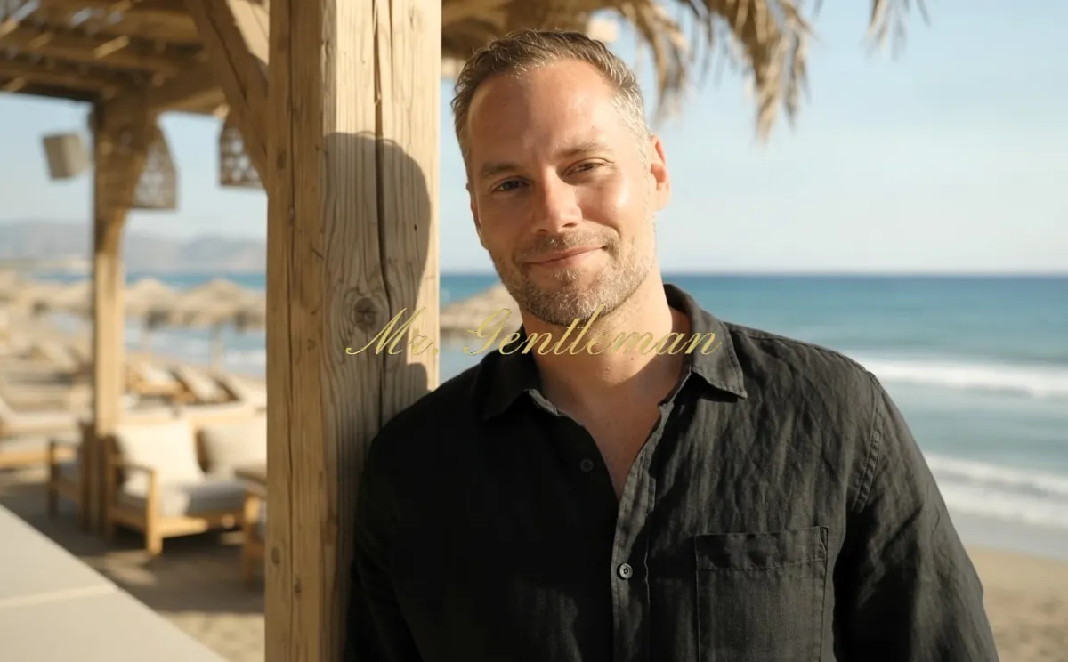 Smiling Mr. Gentleman at a seaside beach bar in Sitia, Crete