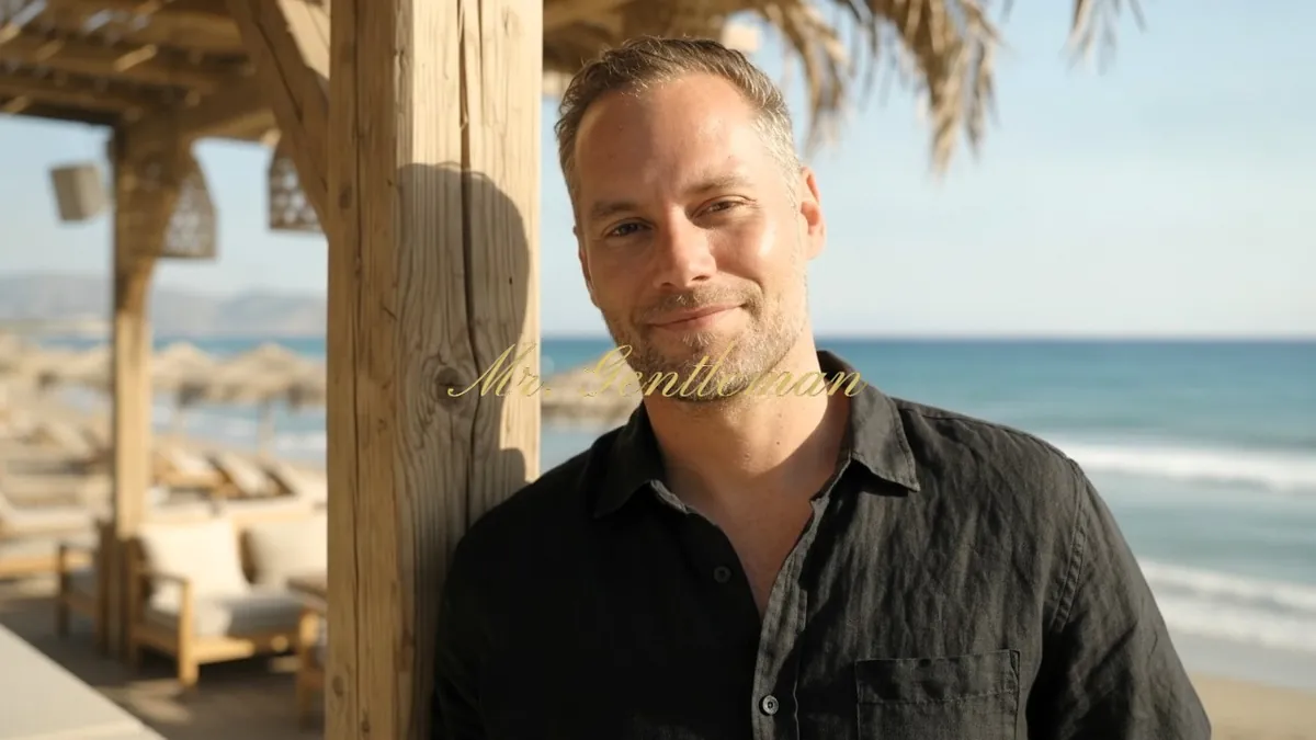 Smiling Mr. Gentleman leaning on a post at a beach bar in Rethymno, Crete