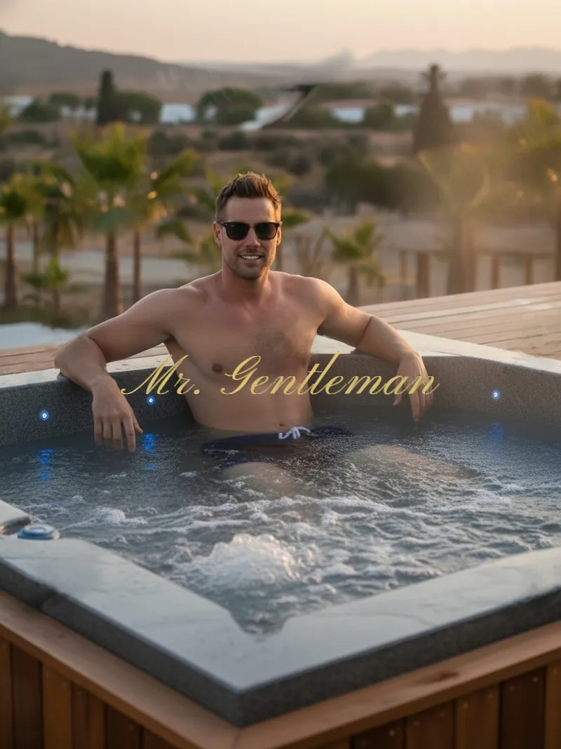 Mr. Gentleman in sunglasses relaxing in a hot tub at sunset in Panormo, Crete