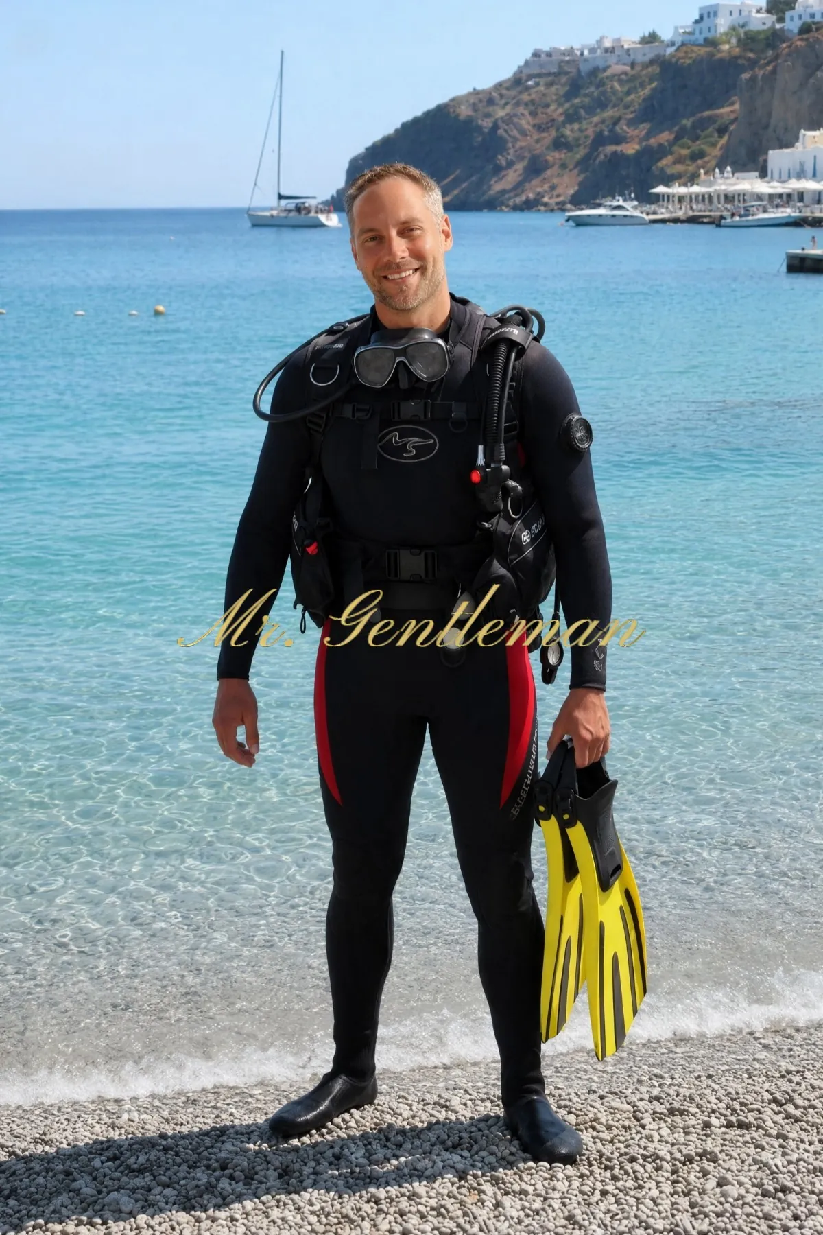 Mr. Gentleman in a diving suit with fins on the beach in Lasithi, Crete