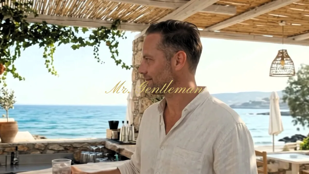 Mr. Gentleman in a linen shirt with a drink at a seaside bar in Lasithi, Crete