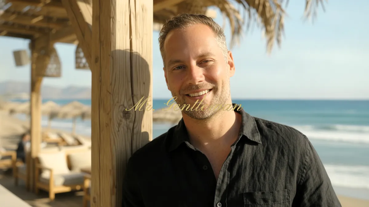 Smiling Mr. Gentleman at a beach bar on a sunny day in Crete