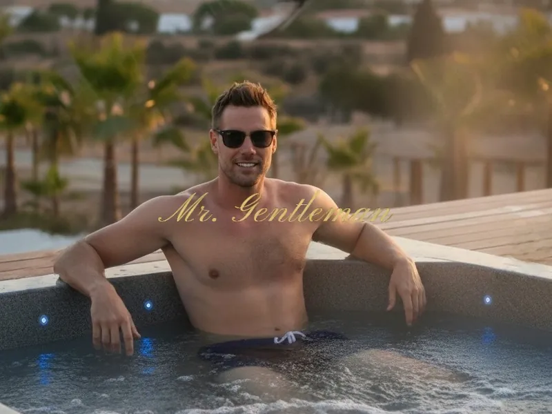 Mr. Gentleman in sunglasses relaxing in an outdoor jacuzzi in Crete