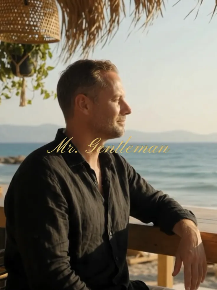 Mr. Gentleman in a black shirt, seated by the sea at a beach bar in Crete