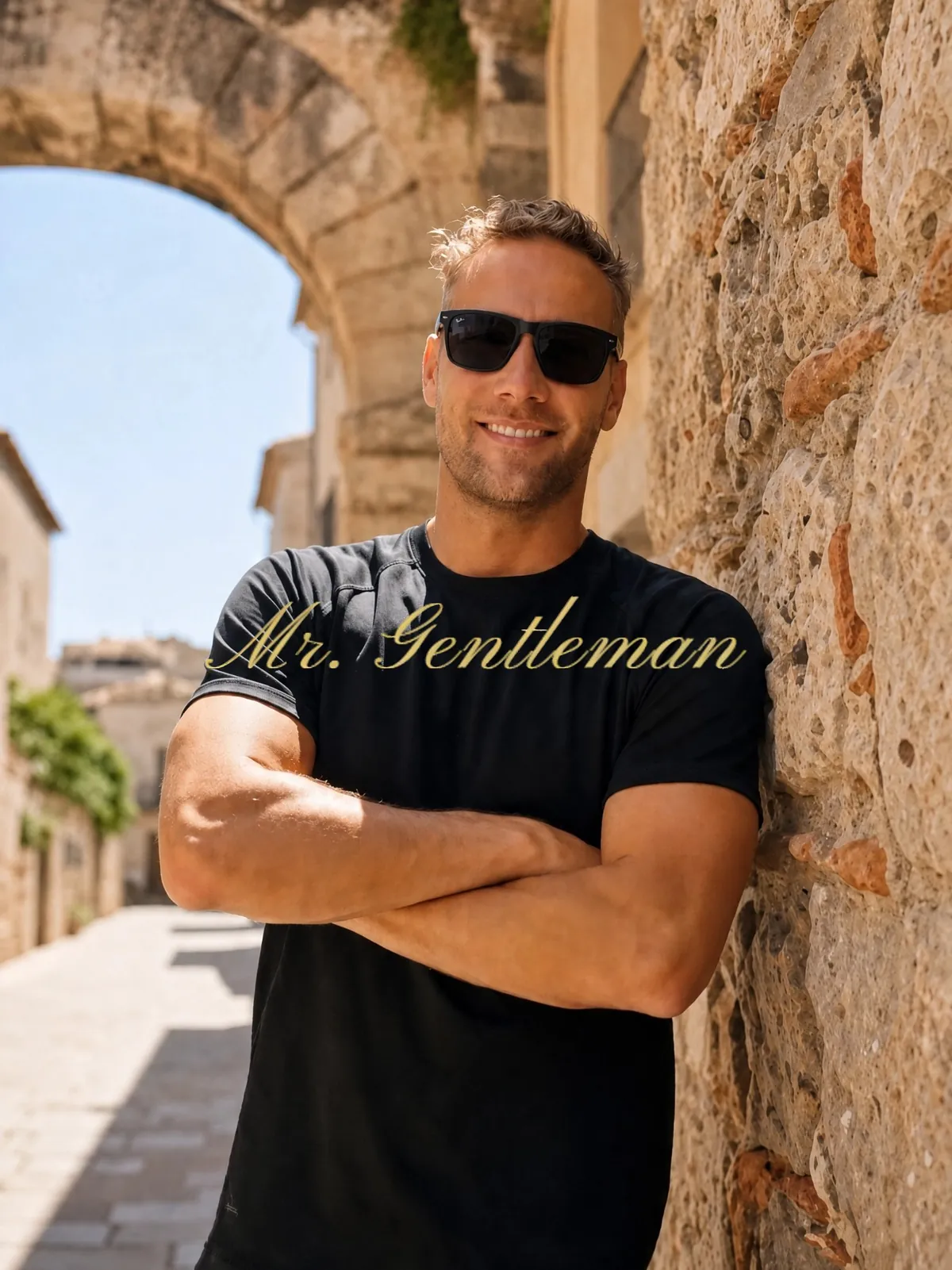 Mr. Gentleman with sunglasses and crossed arms under an old stone archway in Crete