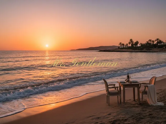 Romantic dinner table for two on the beach at sunset in Crete