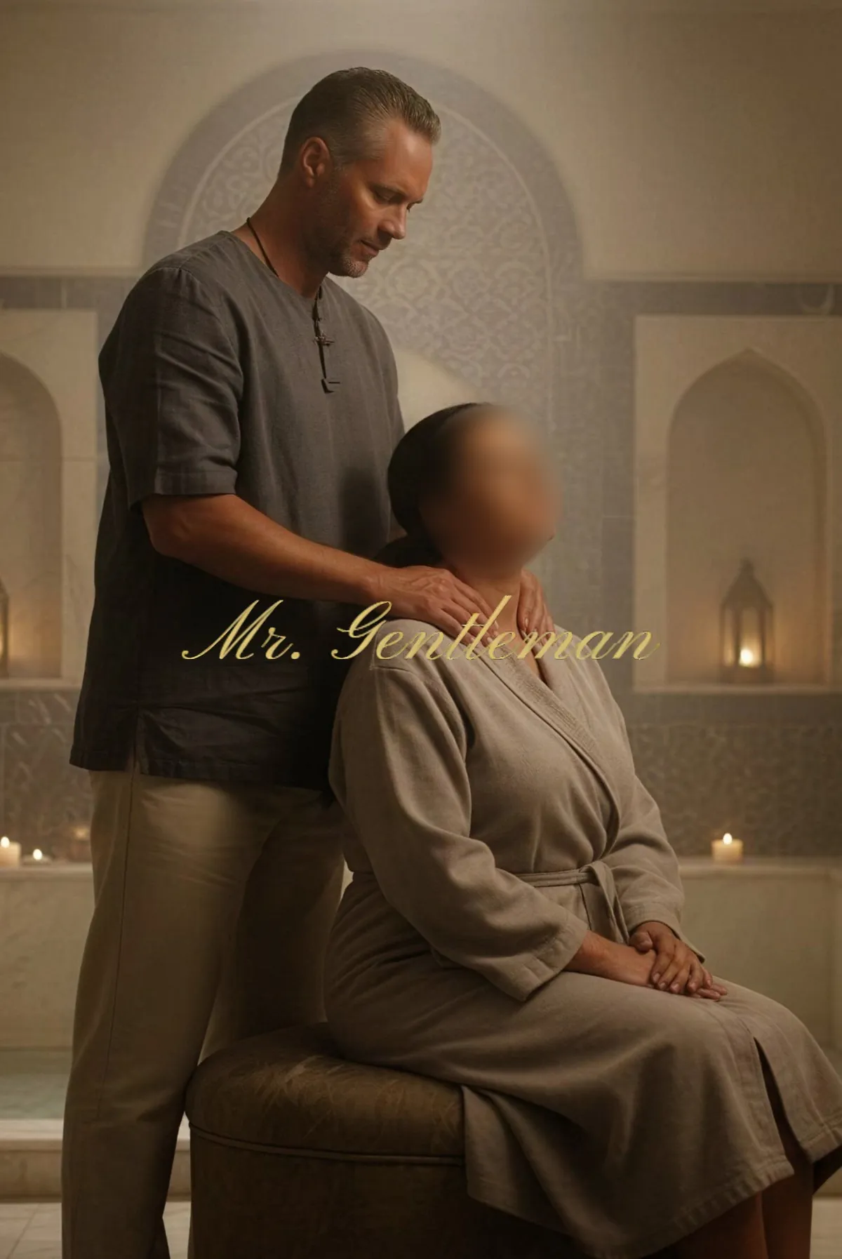 Mr. Gentleman massaging a woman in a candle-lit spa room in Crete